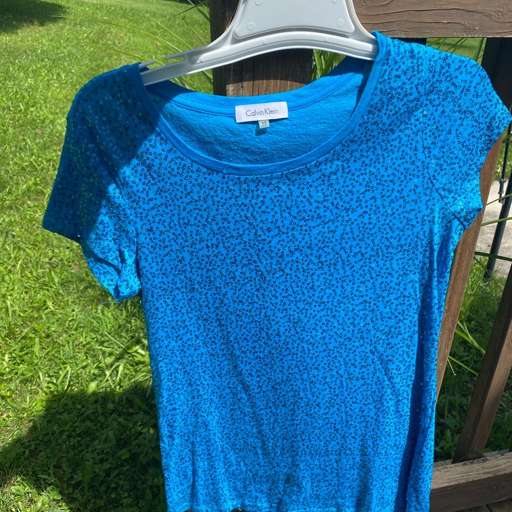 Womens Calvin Klein Sequin Turquoise Top